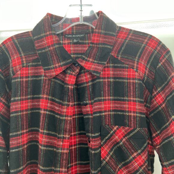 Thread Story Women's Plaid Button Up Top High Side Slits Red/Multi Size Large - Picture 5 of 9